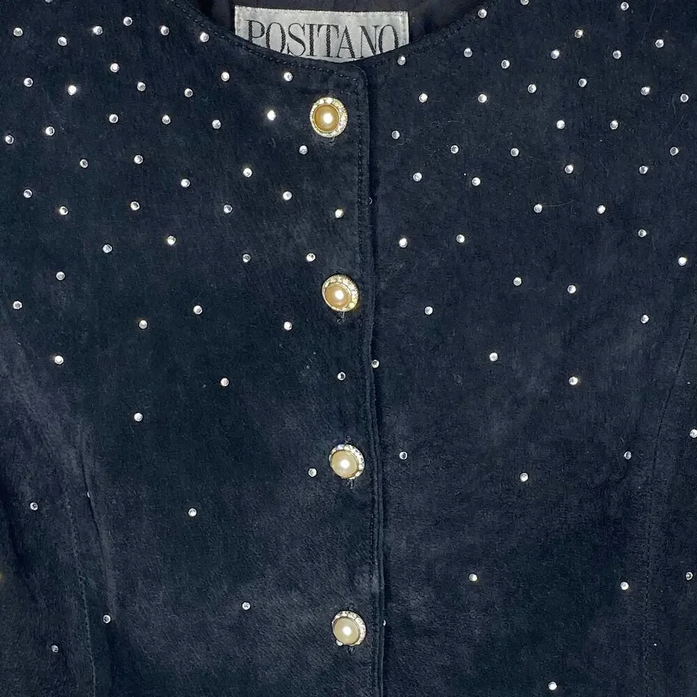 Vintage Positano Pelle Black with Silver Rhinestone Leather Jacket
